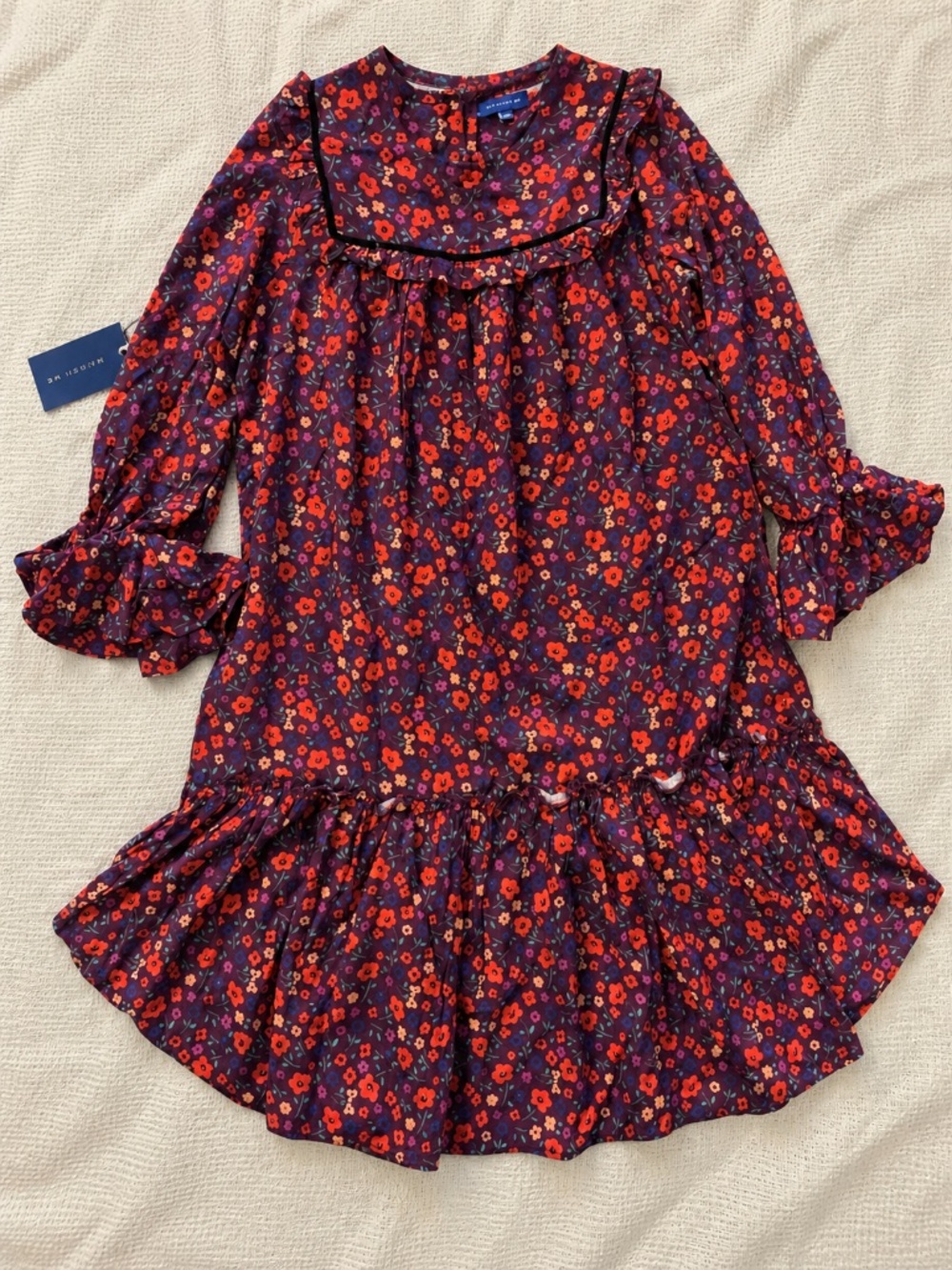 Maison Me Girls Floral Ruffle Dress Purple Long Sleeve 12Y NWT